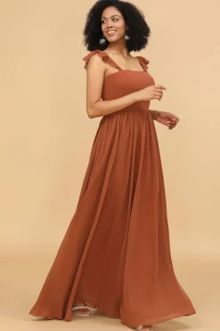 Terracotta Chiffon A-Line Floor Length Bridesmaid Dress With Ruffles