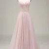 Tulle A Line Strapless Light Pink Corset Prom Dress