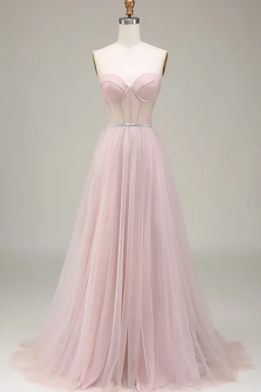 Tulle A Line Strapless Light Pink Corset Prom Dress