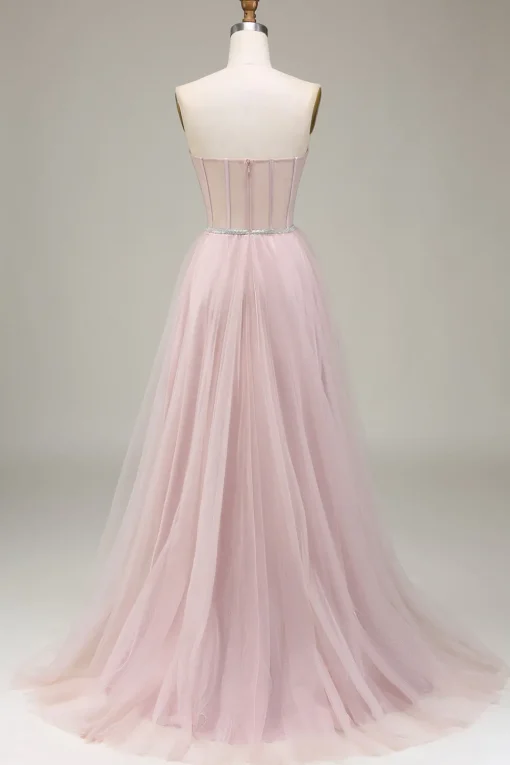 Tulle A Line Strapless Light Pink Corset Prom Dress