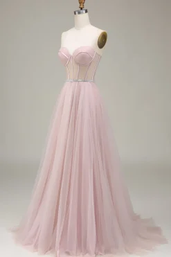 Tulle A Line Strapless Light Pink Corset Prom Dress