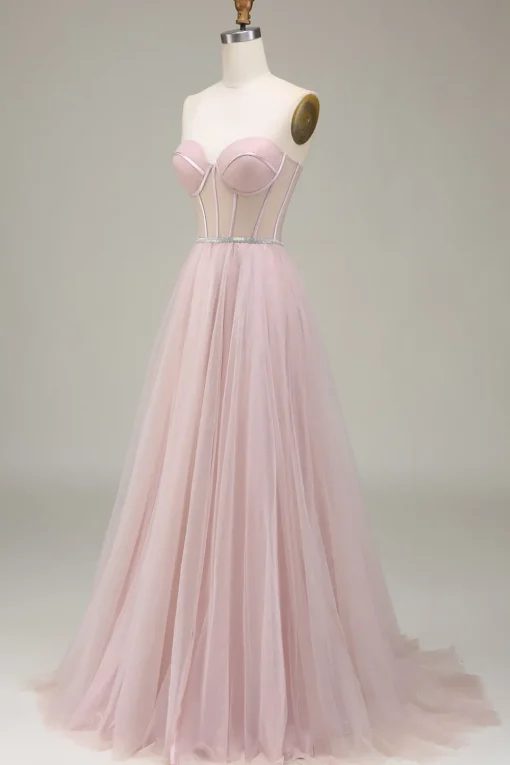 Tulle A Line Strapless Light Pink Corset Prom Dress