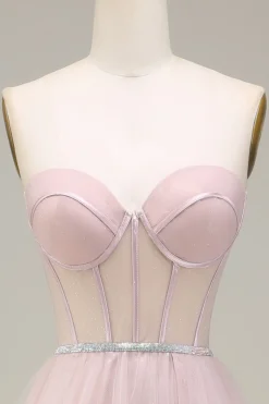 Tulle A Line Strapless Light Pink Corset Prom Dress