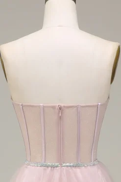 Tulle A Line Strapless Light Pink Corset Prom Dress