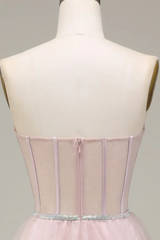 Tulle A Line Strapless Light Pink Corset Prom Dress