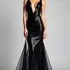 Tulle Mermaid Slit Long Spaghetti Straps Black Tie Dress