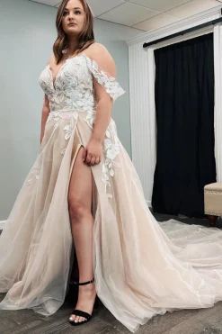 Tulle Off The Shoulder Ivory Long Plus Size Wedding Dress with Appliques