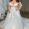 Tulle Off The Shoulder White Long Plus Size Wedding Dress with Appliques