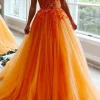 Tulle Orange Princess Prom Dress with Appliques