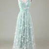 Tulle Spaghetti Straps Matcha Bridesmaid Dress with Appliques