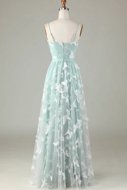 Tulle Spaghetti Straps Matcha Bridesmaid Dress with Appliques