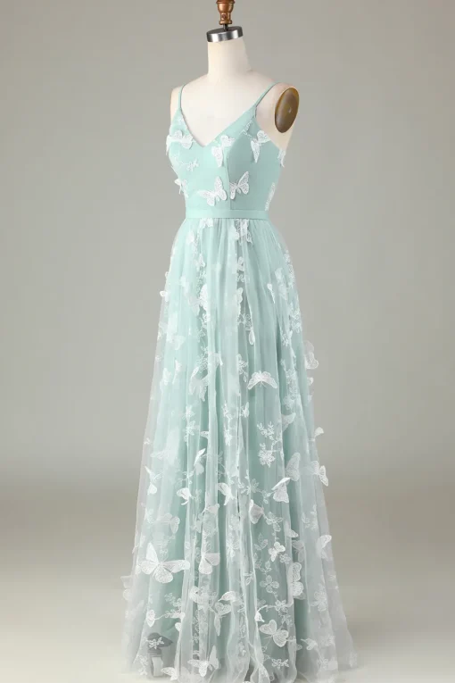 Tulle Spaghetti Straps Matcha Bridesmaid Dress with Appliques
