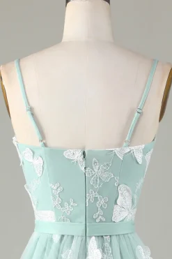 Tulle Spaghetti Straps Matcha Bridesmaid Dress with Appliques