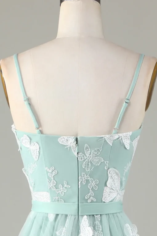 Tulle Spaghetti Straps Matcha Bridesmaid Dress with Appliques