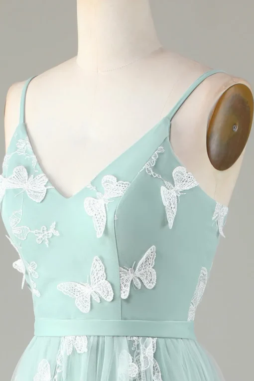 Tulle Spaghetti Straps Matcha Bridesmaid Dress with Appliques
