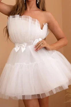 Tulle Strapless White Graduation Dress
