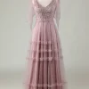 Tulle V-Neck Dusty Pink Bridesmaid Dress with Beading