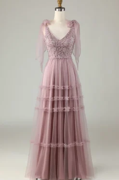 Tulle V-Neck Dusty Pink Bridesmaid Dress with Beading