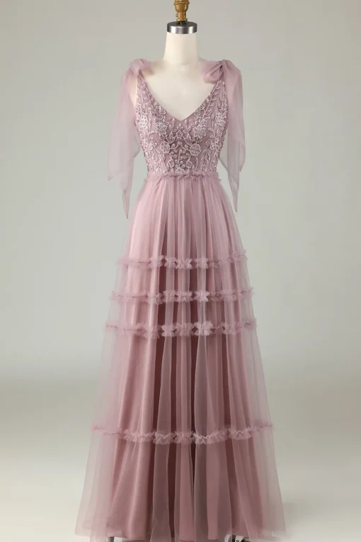 Tulle V-Neck Dusty Pink Bridesmaid Dress with Beading