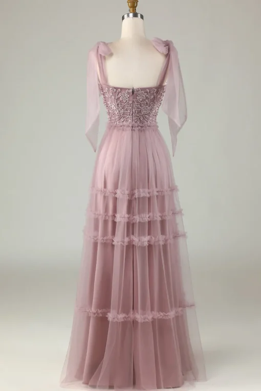Tulle V-Neck Dusty Pink Bridesmaid Dress with Beading