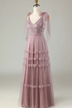 Tulle V-Neck Dusty Pink Bridesmaid Dress with Beading