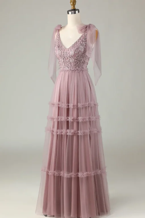 Tulle V-Neck Dusty Pink Bridesmaid Dress with Beading