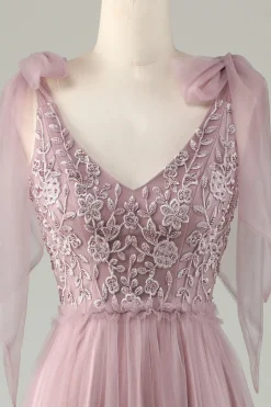 Tulle V-Neck Dusty Pink Bridesmaid Dress with Beading