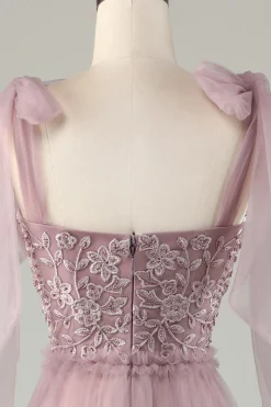 Tulle V-Neck Dusty Pink Bridesmaid Dress with Beading