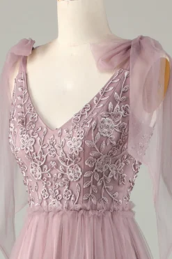 Tulle V-Neck Dusty Pink Bridesmaid Dress with Beading