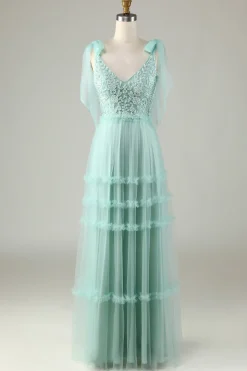 Tulle V-Neck Dusty Pink Bridesmaid Dress with Beading