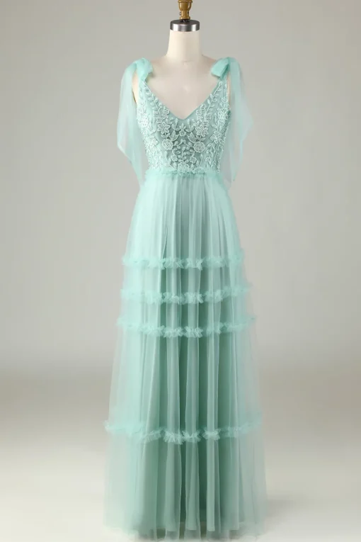 Tulle V-Neck Dusty Pink Bridesmaid Dress with Beading