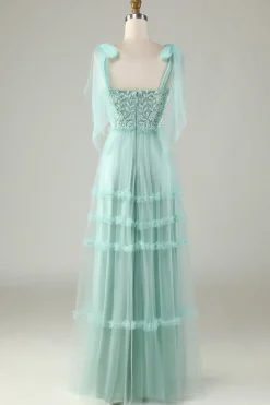 Tulle V-Neck Dusty Pink Bridesmaid Dress with Beading