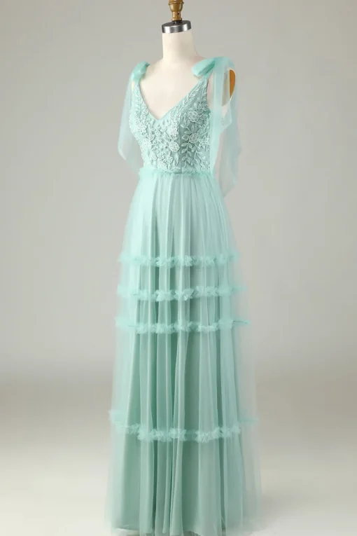 Tulle V-Neck Dusty Pink Bridesmaid Dress with Beading