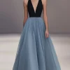 V Neck Black Blue Pleated Tulle Long Formal Dress