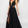 V-Neck Beaded A Line Long Black Tie Dress With Slit