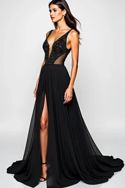 V-Neck Beaded A Line Long Black Tie Dress With Slit