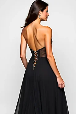 V-Neck Beaded A Line Long Black Tie Dress With Slit