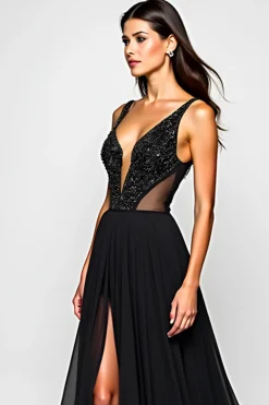 V-Neck Beaded A Line Long Black Tie Dress With Slit