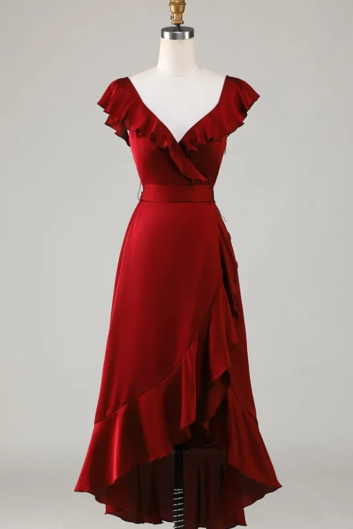 V-Neck Burgundy Bridesmaid Dress with Ruffles