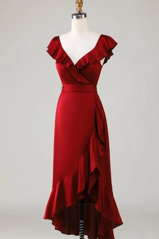 V-Neck Burgundy Bridesmaid Dress with Ruffles