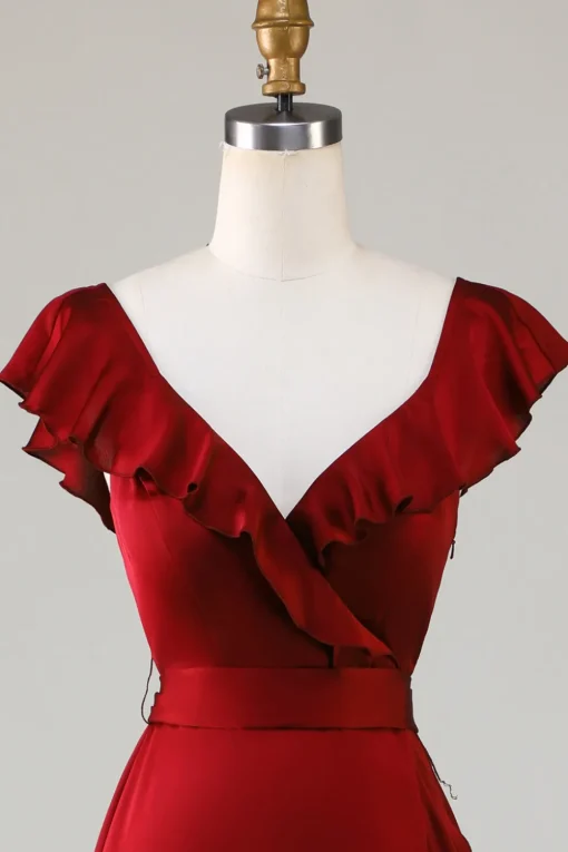 V-Neck Burgundy Bridesmaid Dress with Ruffles