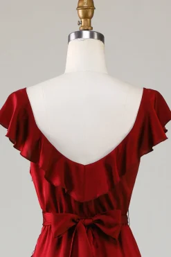 V-Neck Burgundy Bridesmaid Dress with Ruffles