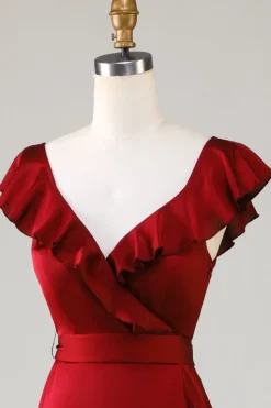V-Neck Burgundy Bridesmaid Dress with Ruffles