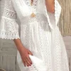 V-Neck Knee Length White Lace Summer Graduation Dress