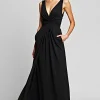 V-Neck Long A Line Black Tie Dress