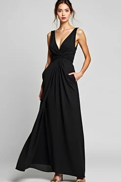 V-Neck Long A Line Black Tie Dress