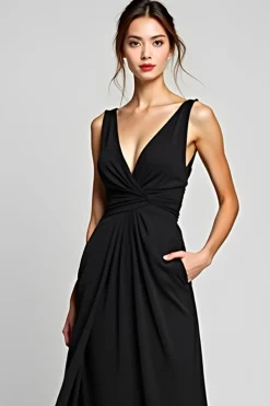 V-Neck Long A Line Black Tie Dress