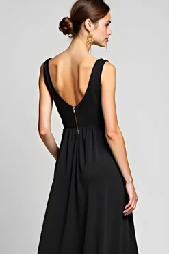 V-Neck Long A Line Black Tie Dress