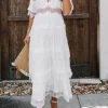 V-Neck Short Sleeves Tea Length White Graduation Dress