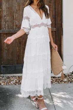 V-Neck Short Sleeves Tea Length White Graduation Dress